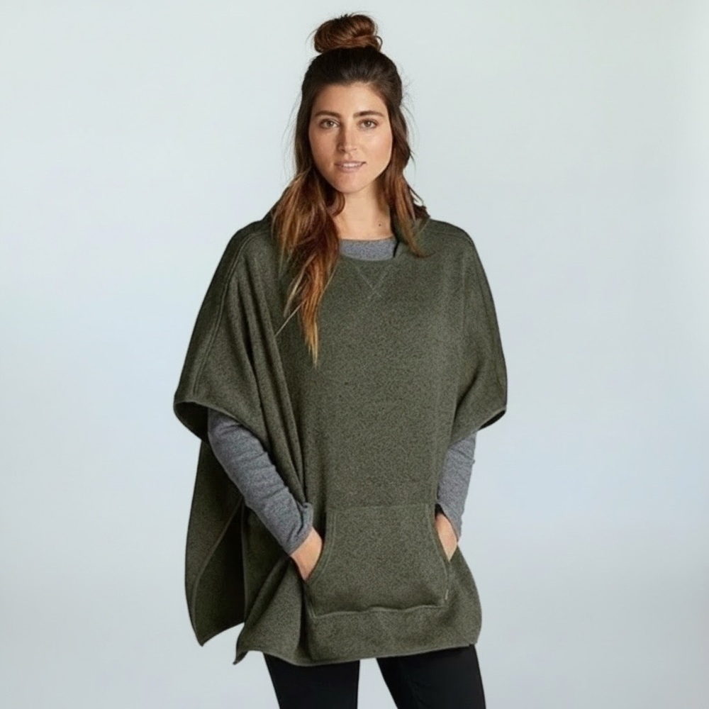 Eddie Bauer Hooded Olive Green Fleece Poncho Sweater with Front Pocket